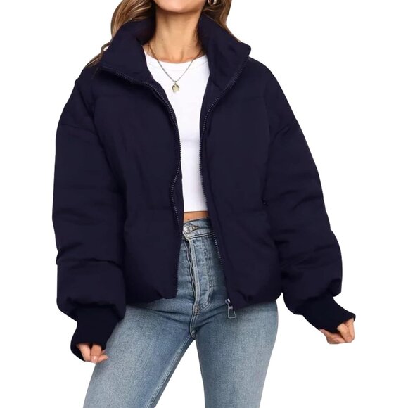 Jackets & Blazers - Women’s Navy Winter Cropped Puffer Jacket Coat Short Warm Quilted Jacket